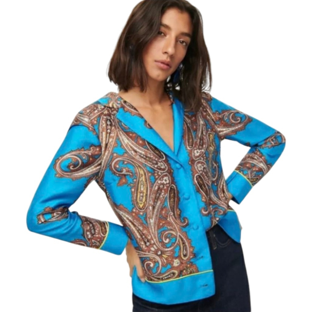 J. CREW 60s Retro Top Drapey Button-up Silky Scarf Blouse Paisley Window Blue M - Picture 1 of 11